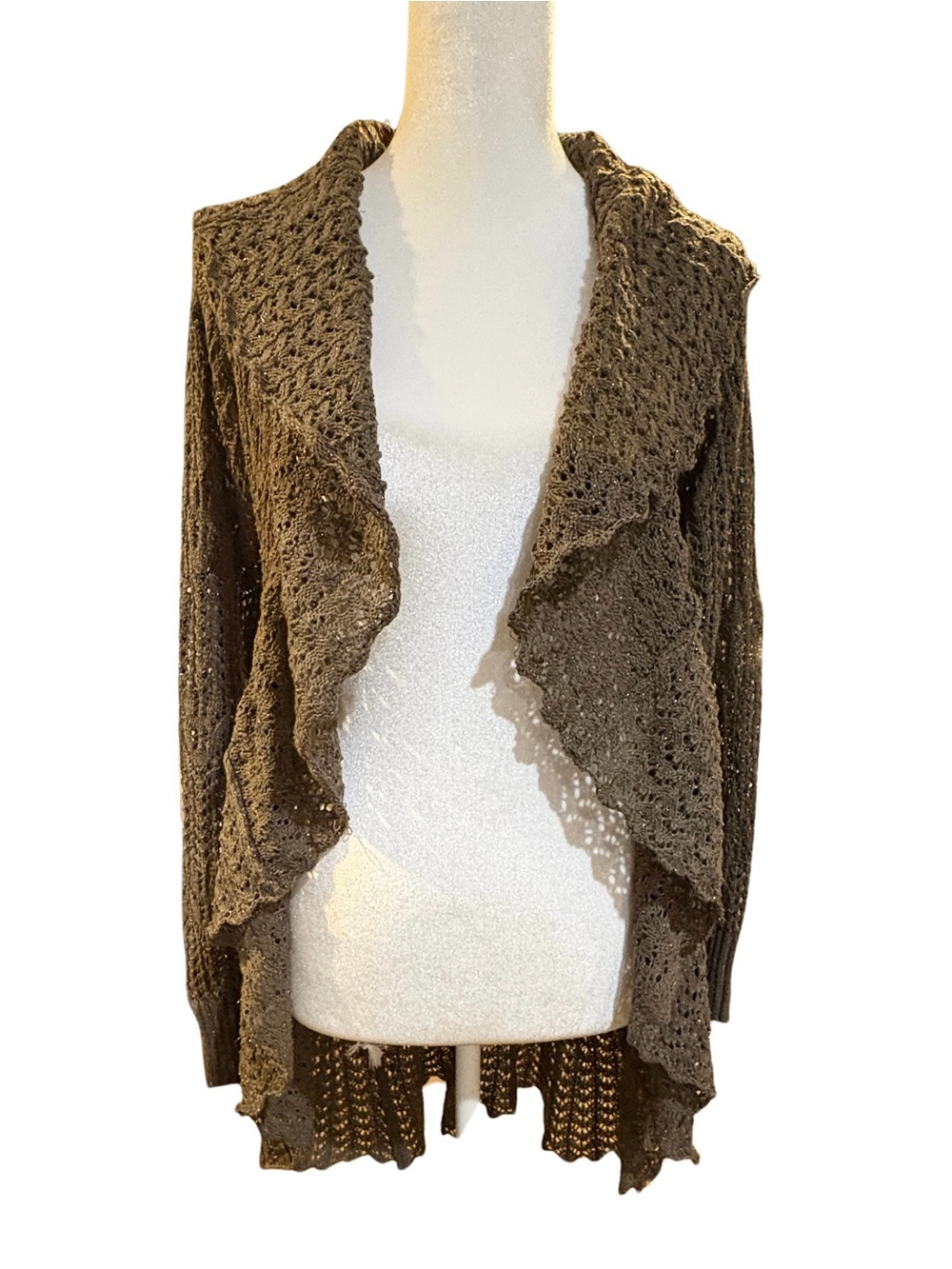 Brown Open-Knit Ruffle Cardigan - Picture 2 of 6